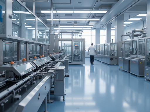 Modern manufacturing facility with automated production lines and quality control stations, showing workers in clean environment